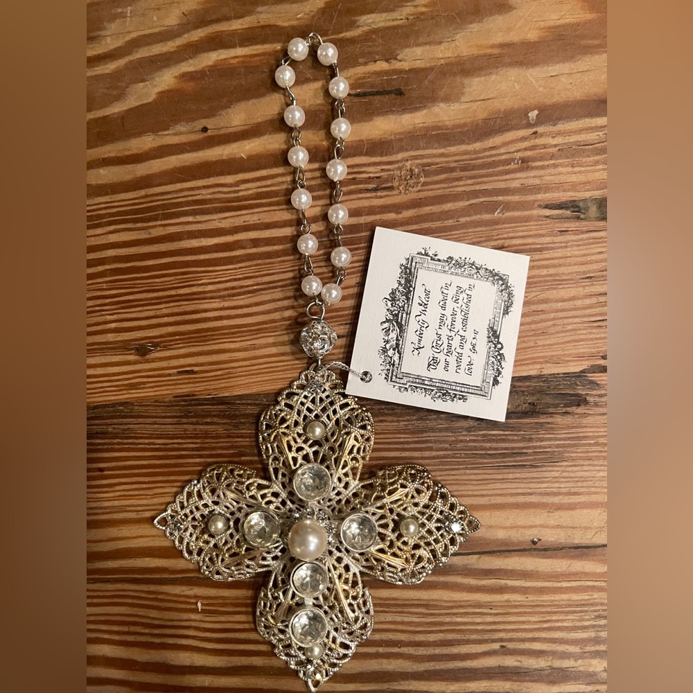 Kimberly Wolcott Vintage Silver and Pearl Filigree Cross Christmas Ornament